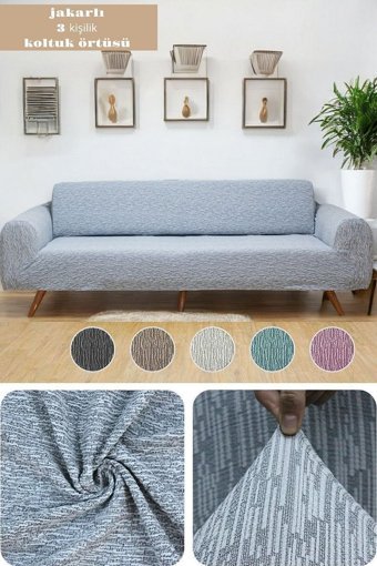 Btf Home Pamuklu - Polyester Likralı Jakarlı Süngersiz Armürlü Giydirmeli Lastikli Gri Üçlü Koltuk Örtüsü 230x180 cm