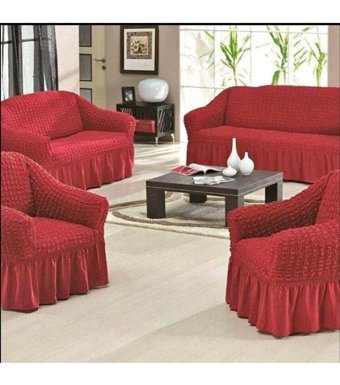 Nera Home Pamuklu - Polyester Bürümcük Fırfırlı Süngersiz Geometrik Desenli Giydirmeli Kırmızı Dörtlü Koltuk Örtüsü 100x100 cm