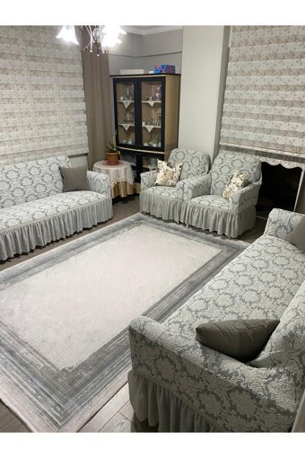 Uyumev Pamuklu - Polyester Likralı Drapeli Süngerli Çiçek Desenli Giydirmeli Gri Dörtlü Koltuk Örtüsü 180x230 cm