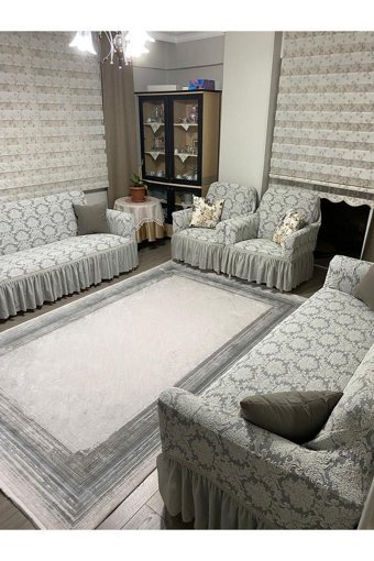 Uyumev Pamuklu - Polyester Likralı Drapeli Süngerli Çiçek Desenli Giydirmeli Gri Dörtlü Koltuk Örtüsü 180x230 cm