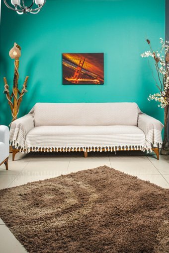 Eren Home Pamuklu Kanvas Püsküllü Süngersiz Armürlü Kahverengi Üçlü Koltuk Örtüsü 180x300 cm