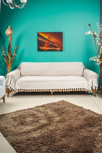 Eren Home Pamuklu Kanvas Püsküllü Süngersiz Armürlü Kahverengi Üçlü Koltuk Örtüsü 180x300 cm
