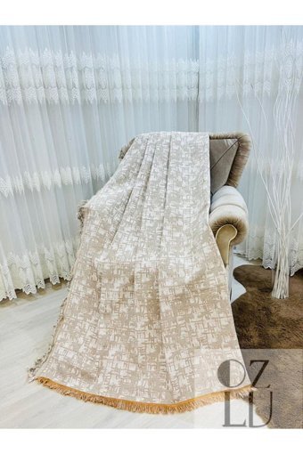 Özlü Home Pamuklu - Polyester Örgü Saçaklı Süngersiz Çizgili Altın Tekli Koltuk Örtüsü 170x220 cm