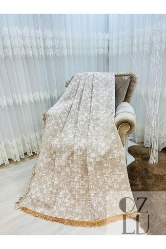 Özlü Home Pamuklu - Polyester Örgü Saçaklı Süngersiz Çizgili Altın Tekli Koltuk Örtüsü 170x220 cm