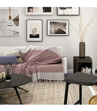 Bella Home Naturel Pamuklu Püsküllü Süngersiz Çizgili Kiremit Tekli Koltuk Örtüsü 170x220 cm