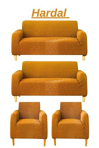 Uytm Polyester Bürümcük-Likralı Süngerli Çizgili Giydirmeli Sarı Dörtlü Koltuk Örtüsü 180x230 cm