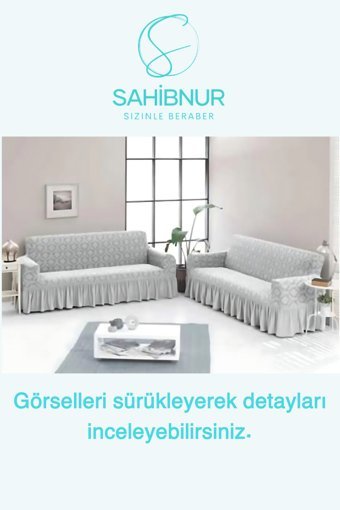 Sahibnur Pamuklu - Polyester Likralı Jakarlı Süngersiz Geometrik Desenli Giydirmeli Bej İkili Koltuk Örtüsü 185x215 cm