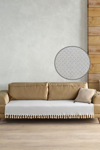 Ladynil Pamuklu Saçaklı Süngersiz Geometrik Desenli Gri Tekli Koltuk Örtüsü 115x201 cm