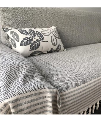 Mutlu Çeyiz Pamuklu Püsküllü Süngersiz Çizgili Gri Tekli Koltuk Örtüsü 170x310 cm