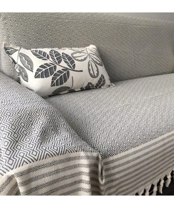 Mutlu Çeyiz Pamuklu Püsküllü Süngersiz Çizgili Gri Tekli Koltuk Örtüsü 170x310 cm