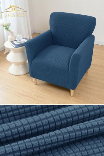 Uzhanem Pamuklu - Polyester-Viskon Bürümcük-Likralı Süngerli Armürlü Giydirmeli Mavi Tekli Koltuk Örtüsü 60x85 cm