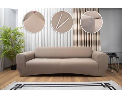 Haton Home Pamuklu Likralı Süngersiz Düz Giydirmeli Bej Üçlü Koltuk Örtüsü 180x230 cm