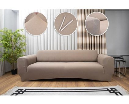 Haton Home Pamuklu Likralı Süngersiz Düz Giydirmeli Bej Üçlü Koltuk Örtüsü 180x230 cm