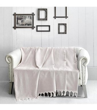 Dc Home Trendy Polyester Kanvas Püsküllü Süngersiz Armürlü Bej Üçlü Koltuk Örtüsü 170x230 cm