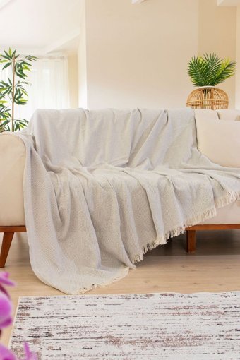 Tabu Home Pamuklu Polar Saçaklı Süngersiz Geometrik Desenli Gri Tekli Koltuk Örtüsü 170x200 cm