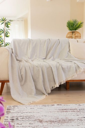 Tabu Home Pamuklu Polar Saçaklı Süngersiz Geometrik Desenli Gri Tekli Koltuk Örtüsü 170x200 cm