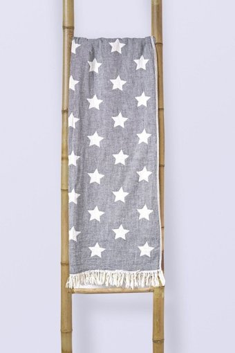 Home Badie Throw Pamuklu Püsküllü Süngersiz Yıldız Desenli Gri Tekli Koltuk Örtüsü 130x170 cm
