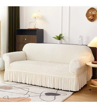 Uyumev Pamuklu - Polyester Bürümcük-Likralı Drapeli Süngerli Çizgili Giydirmeli Bej Tekli Koltuk Örtüsü 180x230 cm
