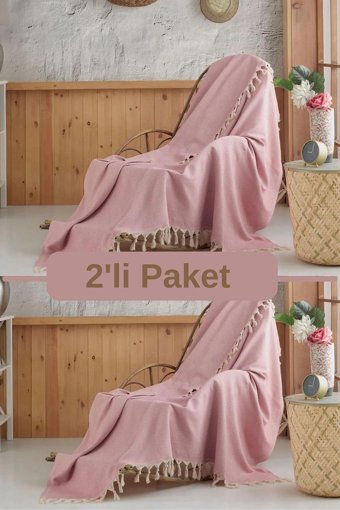 Miracolo Home Pamuklu Püsküllü Süngersiz Geometrik Desenli Gül Kurusu İkili Koltuk Örtüsü 120x150 cm
