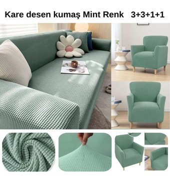 Etles Home Pamuklu Likralı Jakarlı Süngersiz Armürlü Giydirmeli Yeşil Sekizli Koltuk Örtüsü 180x230 cm
