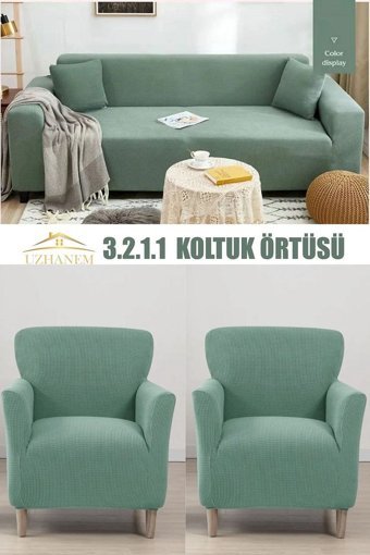 Uzhanem Pamuklu - Polyester Bürümcük-Likralı Süngerli Petek Desenli Giydirmeli Yeşil Dörtlü Koltuk Örtüsü 183x230 cm