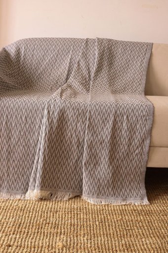 Koza Home Pamuklu Saçaklı Süngersiz Çizgili Antrasit Tekli Koltuk Örtüsü 175x210 cm