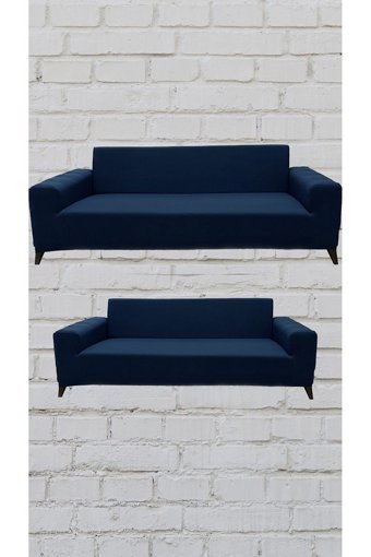 Şahane Ev Mikro Polyester Likralı Jakarlı Süngersiz Düz Giydirmeli Lastikli Mavi Üçlü Koltuk Örtüsü 55x69 cm