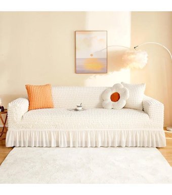 Özmakan Pamuklu - Polyester Bürümcük Jakarlı Süngersiz Düz Giydirmeli Bej Üçlü Koltuk Örtüsü 180x230 cm