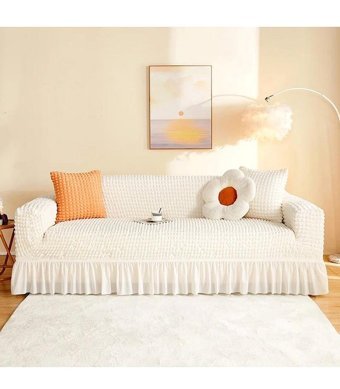 Özmakan Pamuklu - Polyester Bürümcük Jakarlı Süngersiz Düz Giydirmeli Bej Üçlü Koltuk Örtüsü 180x230 cm