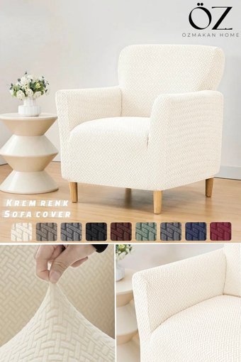 Özmakan Pamuklu - Polyester Likralı Jakarlı Süngersiz Çizgili Giydirmeli Bej Tekli Koltuk Örtüsü 80x120 cm