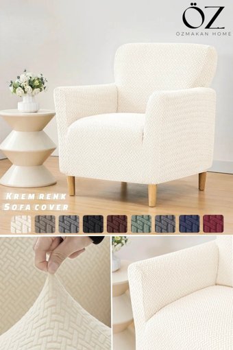 Özmakan Pamuklu - Polyester Likralı Jakarlı Süngersiz Çizgili Giydirmeli Bej Tekli Koltuk Örtüsü 80x120 cm