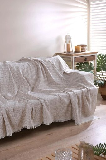 By Ballı Biocotton Pamuklu Kanvas Saçaklı Süngersiz Armürlü Kahverengi Üçlü Koltuk Örtüsü 170x210 cm