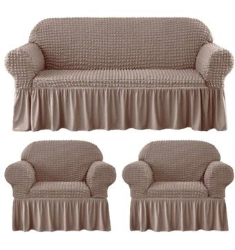 Iydgah Polyester Bürümcük-Likralı Süngersiz Kapitone Giydirmeli Krem Üçlü Koltuk Örtüsü 180x50 cm