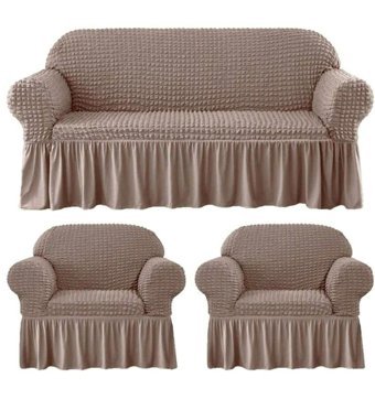 Iydgah Polyester Bürümcük-Likralı Süngersiz Kapitone Giydirmeli Krem Üçlü Koltuk Örtüsü 180x50 cm