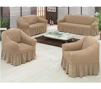 Altın Kelebek Pamuklu - Polyester Bürümcük Fırfırlı Süngersiz Giydirmeli Lastikli Kahverengi Dörtlü Koltuk Örtüsü 180x230 cm