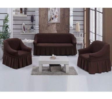Nusret Pamuklu - Polyester Bürümcük Fırfırlı Süngersiz Kareli Giydirmeli Kahverengi Üçlü Koltuk Örtüsü 230x180 cm