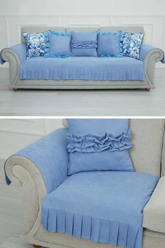 Aisha's Design KTK-6 Polyester Örgü Pileli Süngersiz Düz Mavi Üçlü Koltuk Örtüsü 34x48 cm