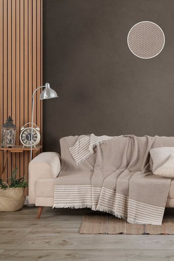 Denia Home Textile Pamuklu Kanvas Saçaklı Süngersiz Armürlü Bej Üçlü Koltuk Örtüsü 170x200 cm