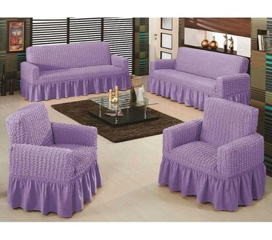 Ak Lale Polyester Bürümcük Fırfırlı Süngersiz Petek Desenli Giydirmeli Lastikli Lila Dörtlü Koltuk Örtüsü 200x250 cm