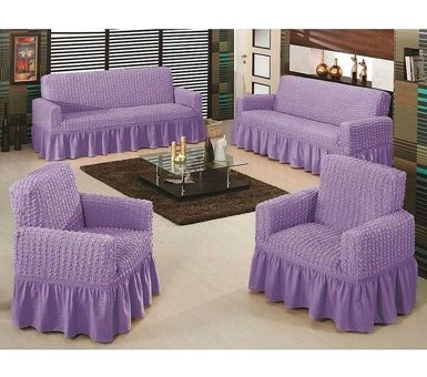 Ak Lale Polyester Bürümcük Fırfırlı Süngersiz Petek Desenli Giydirmeli Lastikli Lila Dörtlü Koltuk Örtüsü 200x250 cm