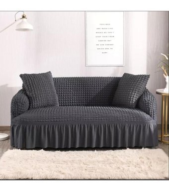 Güzel Aral GA-290 Pamuklu - Polyester Bürümcük Fırfırlı Kapitone Giydirmeli Lastikli Siyah Üçlü Koltuk Örtüsü 180x230 cm
