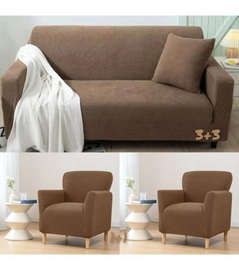 Güzel Aral Pamuklu - Polyester Streç Süngersiz Düz Giydirmeli Kahverengi 3-3-1-1 Koltuk Örtüsü 180x220 cm