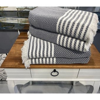 Cotton Feel Pamuklu Kanvas Saçaklı Süngersiz Armürlü Antrasit Üçlü Koltuk Örtüsü 180x350 cm