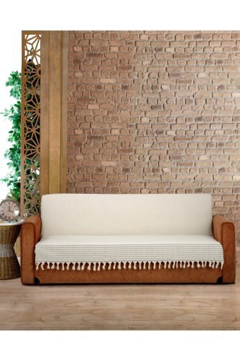 Genç Uludağ Pamuklu Püsküllü Süngersiz Çizgili Krem Tekli Koltuk Örtüsü 180x220 cm