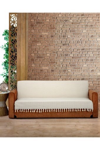 Genç Uludağ Pamuklu Püsküllü Süngersiz Çizgili Krem Tekli Koltuk Örtüsü 180x220 cm