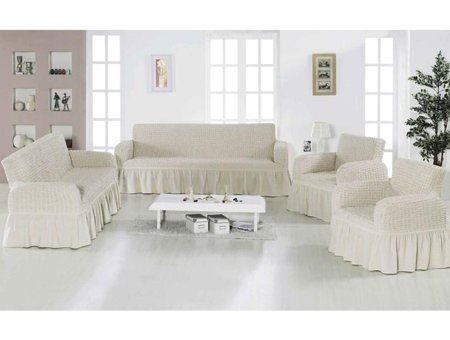 Güliz Collection Pamuklu Bürümcük Fırfırlı Süngersiz Kapitone Giydirmeli Bej 3-3-1-1 Koltuk Örtüsü 180x215 cm