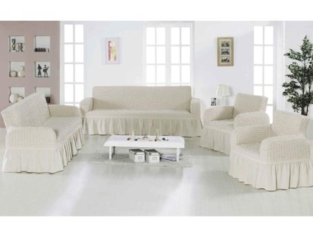 Güliz Collection Pamuklu Bürümcük Fırfırlı Süngersiz Kapitone Giydirmeli Bej 3-3-1-1 Koltuk Örtüsü 180x215 cm