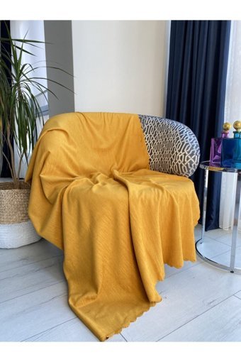 Koçhan Manifatura Pamuklu Jakarlı Süngerli Çizgili Hardal Tekli Koltuk Örtüsü 175x215 cm