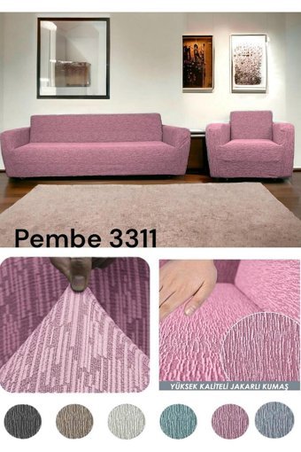 Seltenet Pamuklu Likralı Jakarlı Süngersiz Çizgili Giydirmeli Su Geçirmez Pembe Üçlü Koltuk Örtüsü 230x180 cm