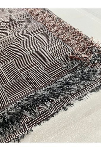 Vinezza Home Collection Pamuklu Polar Saçaklı Süngersiz Çizgili Kahverengi Tekli Koltuk Örtüsü 170x220 cm
